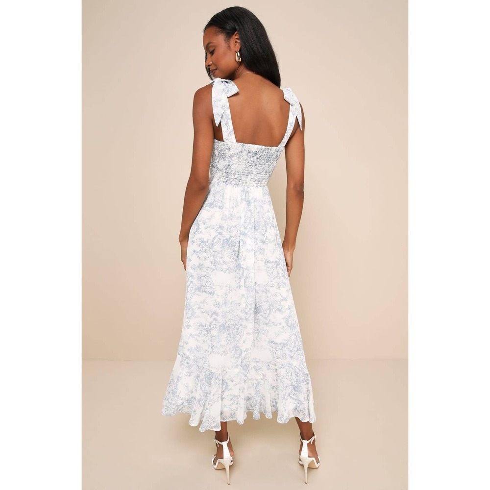 Lulus Summer Invite White and Blue Toile Tie-Strap Tiered Midi Dress Size XL - Picture 4 of 8